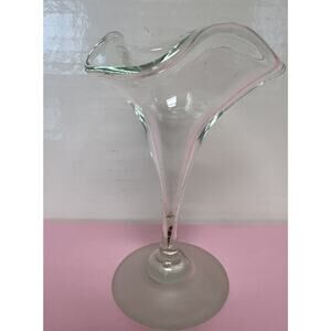 Beautiful Handblown Ruffled Top Clear Glass Vase Frosted Pedestal, 7 In